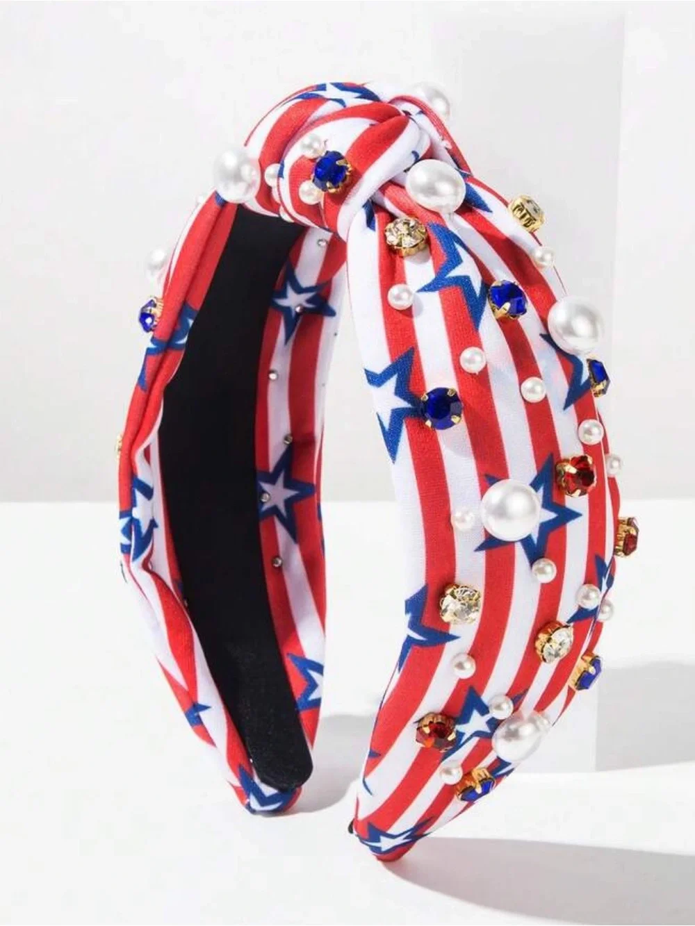 Patriotic Red White Blue‎ Knotted Headband with Pearls & Gems